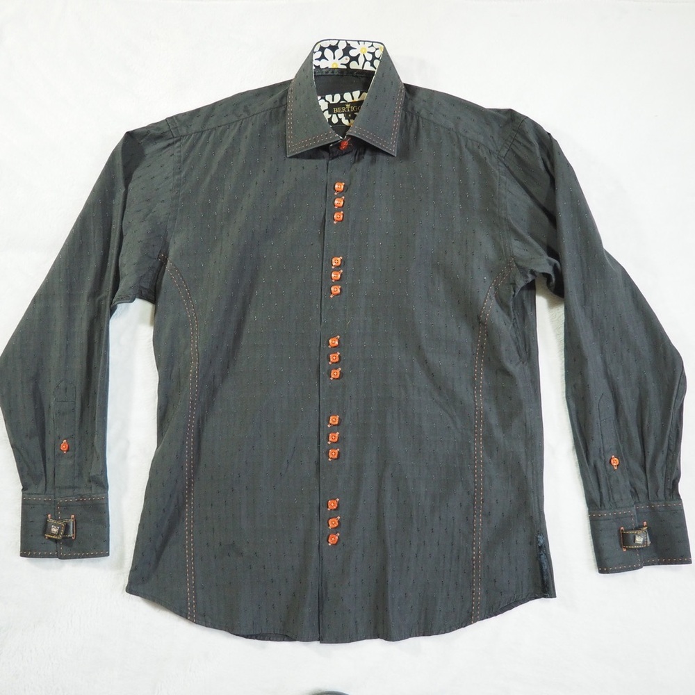 Bertigo Sz 4 Men's Black Dress Shirt with Orange Accents Cufflinks 100% Cotton